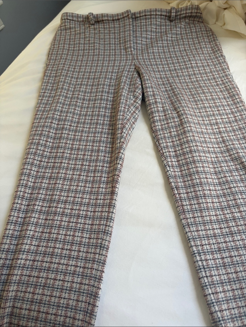 Theory Plaid Trousers in Beige, Brown, and Red